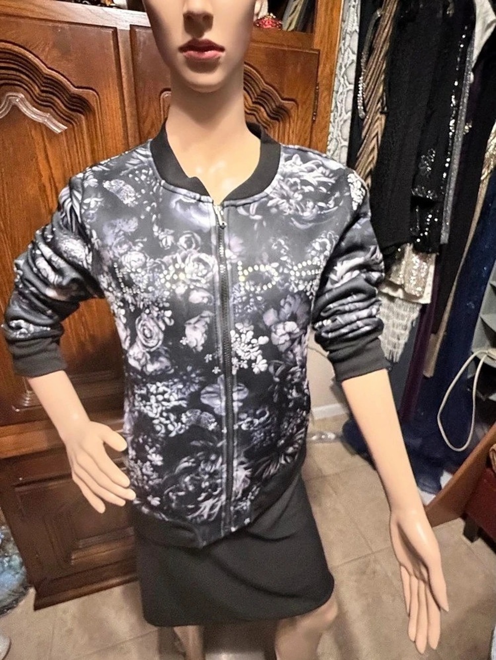 Bebe Sport Floral Skull Rhinestone Bomber Jacket - Size M (Like New